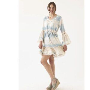 Bognar Blu Blue Cream Tie Dye Flare Sleeve Fairy Boho Layered Dress M/L Festival